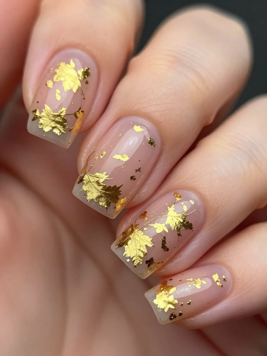 24. Gold Leaf Nails for Elegant Fall Nail Art