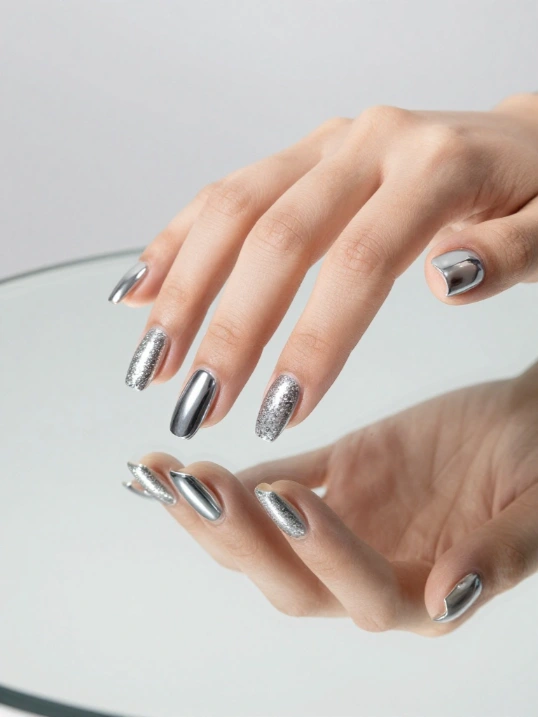 Silver Chrome and Glitter Nail Combinations