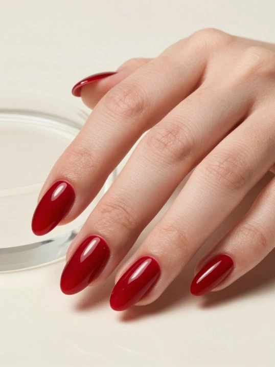 Glossy Cherry Red Nails with a Glass-Like Finish