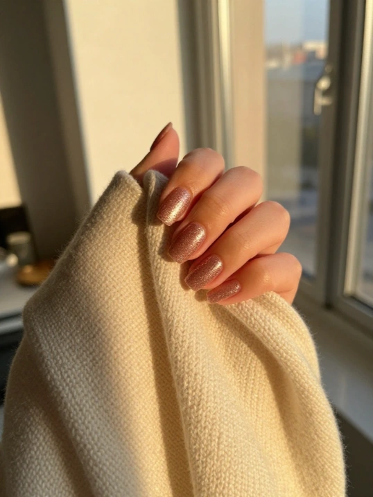 Rose Gold Glitter Nails for a Soft Winter Look