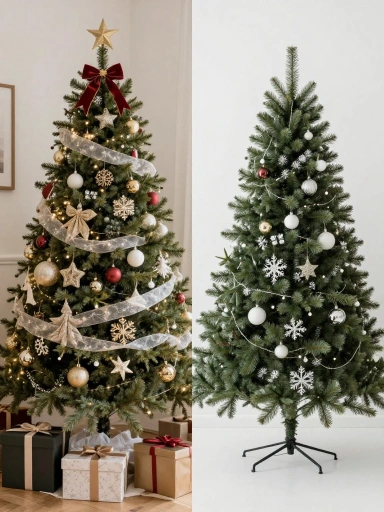 plit-image comparison of a cluttered, mismatched Christmas display versus a clean, restrained one