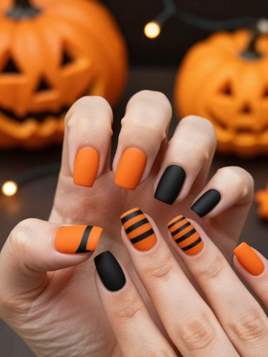 Orange and Black October Nails