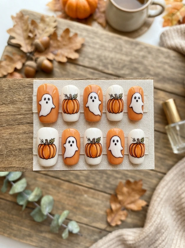 Cute Pumpkin and Ghost Nails