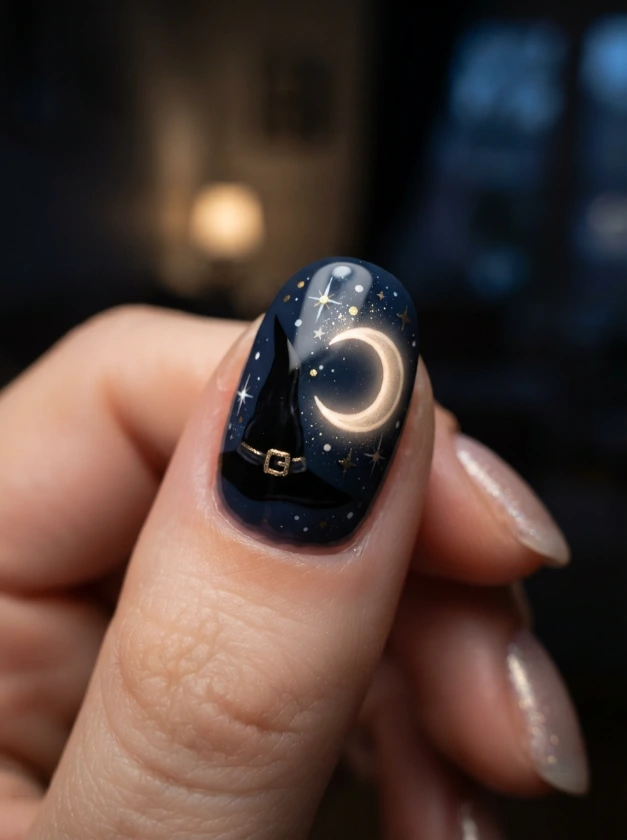 Cute Witch Hat and Moon Nail Designs