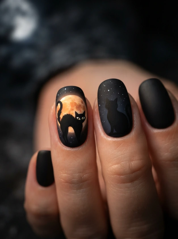 Spooky Black Cat Halloween Nails